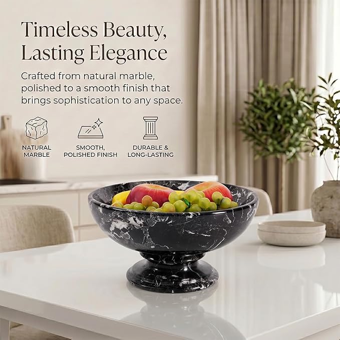 Radicaln Marble Fruit Bowl For Kitchen Counter 10" Inches Black Handmade Decorative Bowl For Kitchen Table, Ideal Key Holder, Candy Dish and Marble Pedestal Bowl