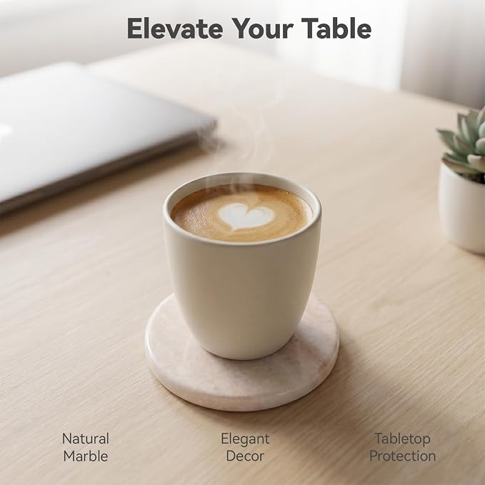 Cream White Marble Coasters Set of 6, Modern Neutral Drink Coaster for Coffee Table, 4" Round Polished Natural White Stone Coaster with Tan Veins – Heat Resistant, Non-Slip, Housewarming Gift
