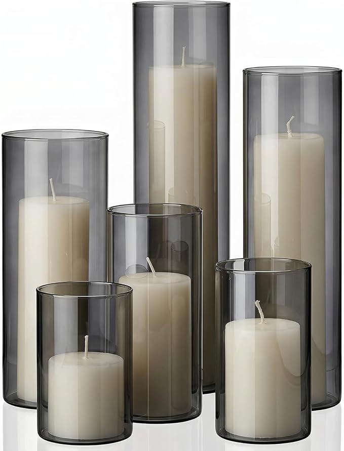 Shihanee Set of 6 Pillar Candles and Glass Cylinder Vases Assorted Sizes Cylinder Holders for Pillar Candles Home Table Centerpieces Wedding Party Decorations (White,Smoky Black)