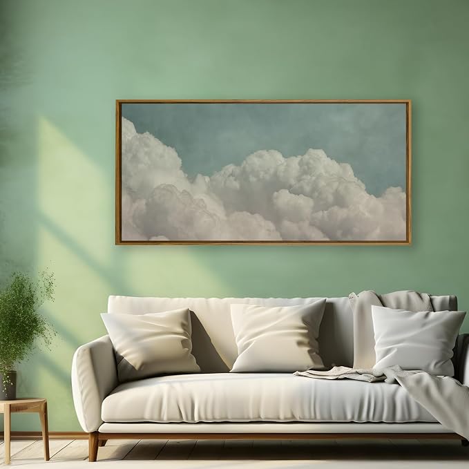 QTUSYUR Sage Green Cloud Wall Art - Large Farmed Floating Art Print -Surreal Sky Canvas Artwork for Bedroom Living Room Yoga Room- Minimalist Zen Peaceful Wall Picture for Over the Bed Decor 20×40 IN