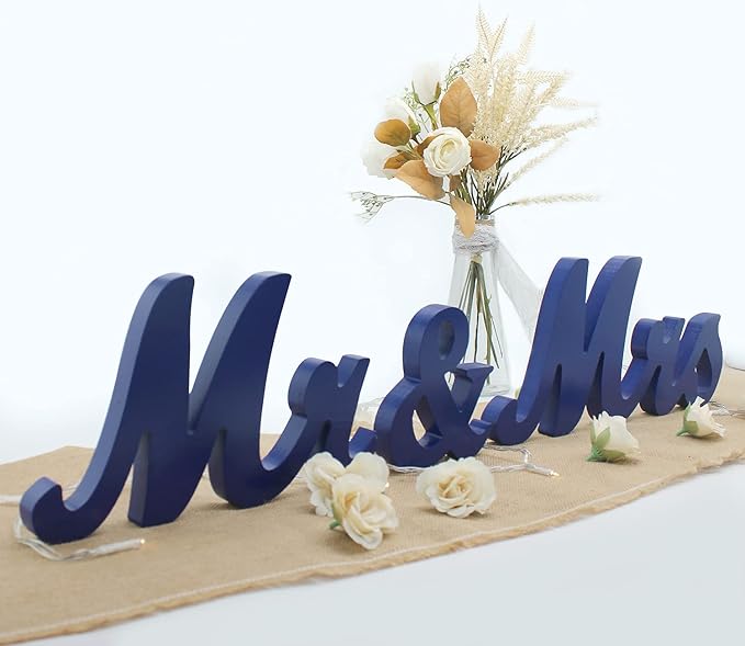 Navy Blue Mr & Mrs Sign for Wedding Table, Large Wooden Letters, Wedding Decoration, Anniversary Party & Valentine's Day Vintage Decor