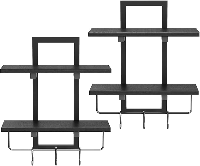 Creso hom Floating Shelves, 15" Wall Shelf Set of 2, Hanging Bathroom Shelves 2-Tier, Wall Mounted Storage Shelves, for Living Room Bedroom Bathroom Kitchen Office Coffee Bar, Black