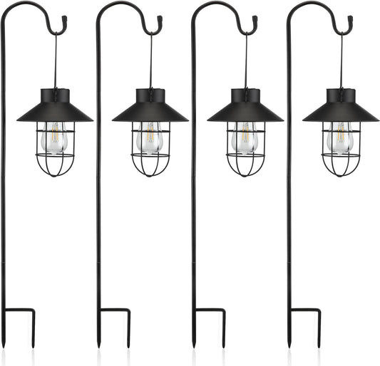 Retisee 4 Pcs Hanging Solar Light 31" Outdoor Solar Lamp Lanterns with Dual Use Shepherd Hook Waterproof Pathway Hanging Lights Metal Garden Lantern for Path Patio Yard Lawn Driveway Markers (Black)