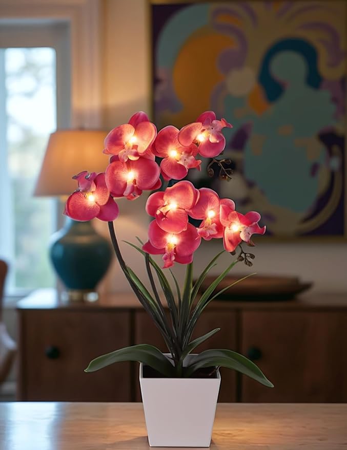 HOMESEASONS Orchid Lamp-LED Lighted Orchid Arrangements,Pre Lit Artificial Orchid,Light Up Flower Lights, Faux Orchid Phalaenopsis Arrangement (Purple)