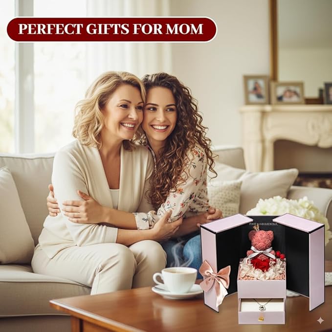 Gifts for Mom Wife Women Preserved Real Red Rose with Heart ”I Love You“100 Languags Necklace&Cute Bear Birthday Gift Box for Mama Girlfriend Wife Her Grandma Anniversary Valentines Day