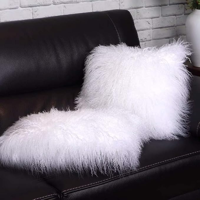 100% Real Mongolian Lamb Fur Cushion Cover/Pillowcase (26x26inch, White)