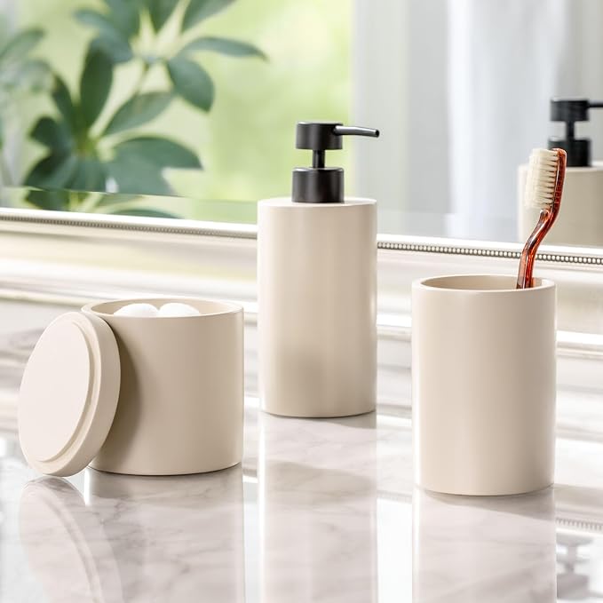 mDesign Resin 3-Piece Bathroom Vanity Countertop Accessories - Soap Dispenser, Tumbler Rinsing Cup, and Canister Holder Sets - Complete Modern Counter Aesthetic - Set of 3 - Taupe/Beige