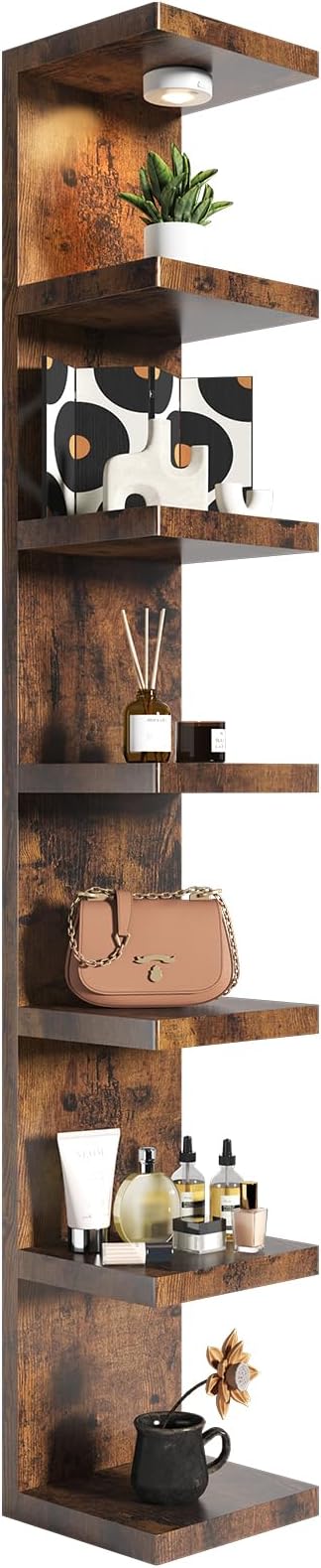 7-Tier Wall Shelf Unit with USB Rechargeable Led Light (Remote Controlled),Versatile Floating Display Shelves,Lack Style Wall Shelves for Bedroom,Living Room,Office Decor,Vanity-Rustic Brown