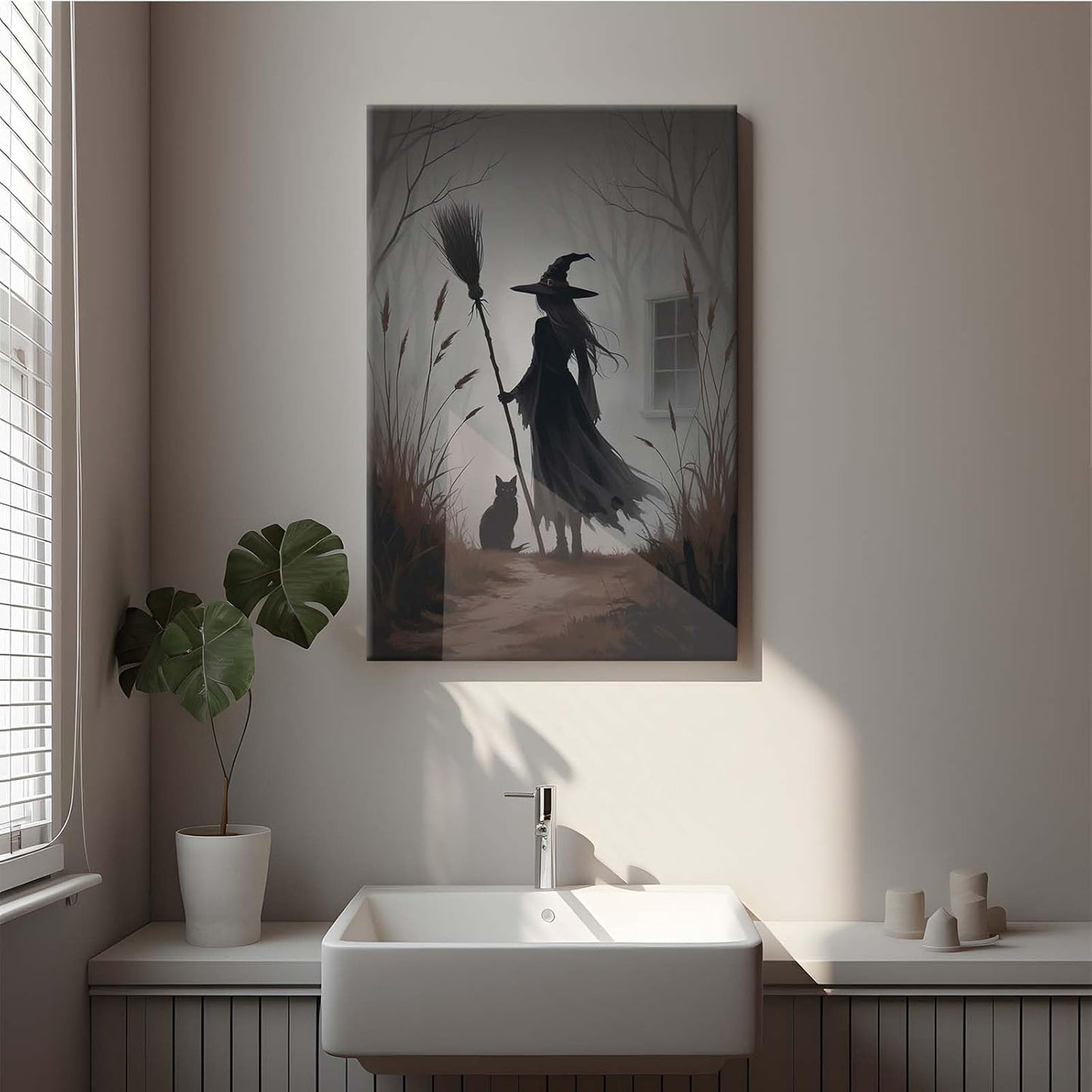 JFHCQJPK Vintage forest witch and black cat poster Halloween mural poster decoration mural art magic suitable for home living room bedroom32x48in Frameless