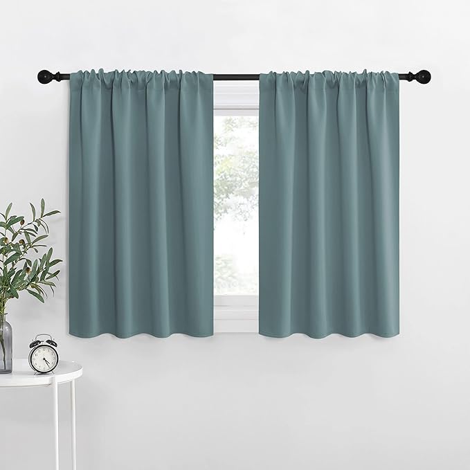 NICETOWN Kitchen Curtains, Greyish Blue, 34" x 40", Set of 2, Short Blackout Curtains & Drapes, Thermal Insulated Rod Pocket Window Treatment Draperies for Nursery