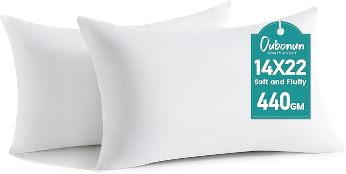 Oubonun 14 x 22 Throw Pillow Inserts - Soft, Plush & Decorative Down Alternative Pillows for Couch Sofa Bed, Machine Washable - White, Pack of 2