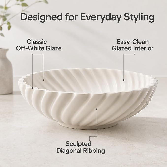 10'' Ceramic Decorative Bowl - Stylish Fruit Bowl for Kitchen Counter - Key Bowl for Entryway Table Decor - Large Decorative Bowls for Home Decor - Modern Home Decor Accents White
