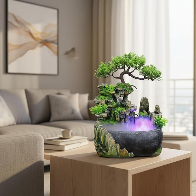 Rockery Stream Tabletop Fountain, Zen Meditation Indoor Waterfall Feature with Automatic Pump and Switch, Desktop Fountain for Home Office Bedroom Decoration (A)