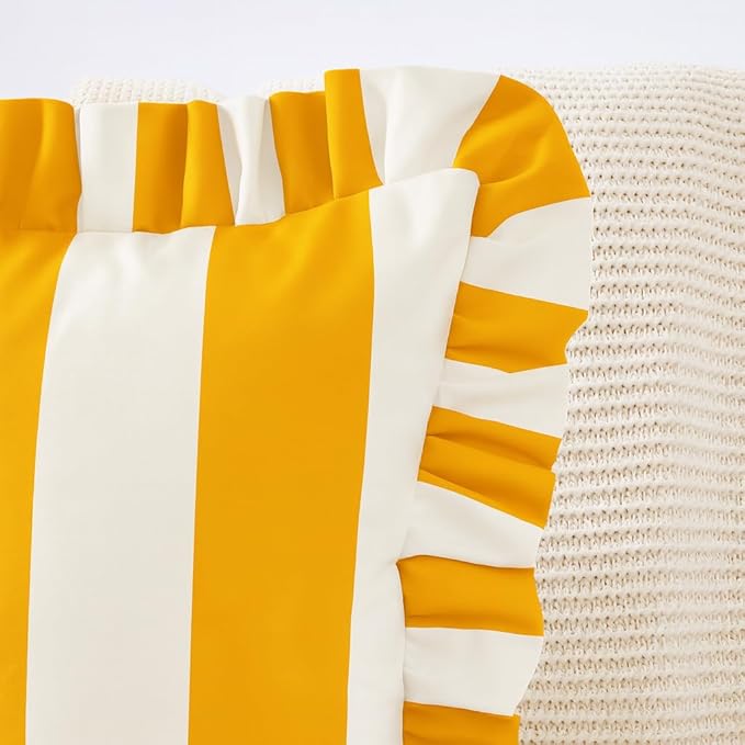 MONDAY MOOSE Decorative Throw Pillow Covers, Set of 2 Water-Resistant Striped Design with Ruffle Edge for Outdoor/Indoor Use, Pillow Inserts Not Included (16x16 inch, Golden Yellow/White)