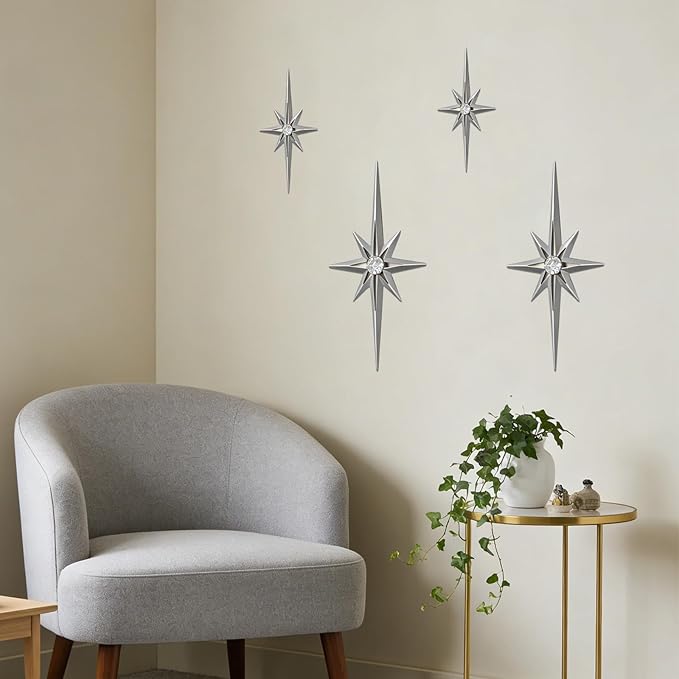 sxnzequnze 4 Pack Metal Star Wall Art 8 Pointed Starburst Wall Decor Set with 2 Large & 2 Small Pieces Mid Century Celestial Metal Wall Sculpture for Bedroom Living Room Office Gallery Wall