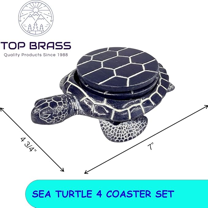 Sea Turtle Coaster Set - Coastal Ocean Beach Decor - Rustic Nautical Navy Blue and White Finish