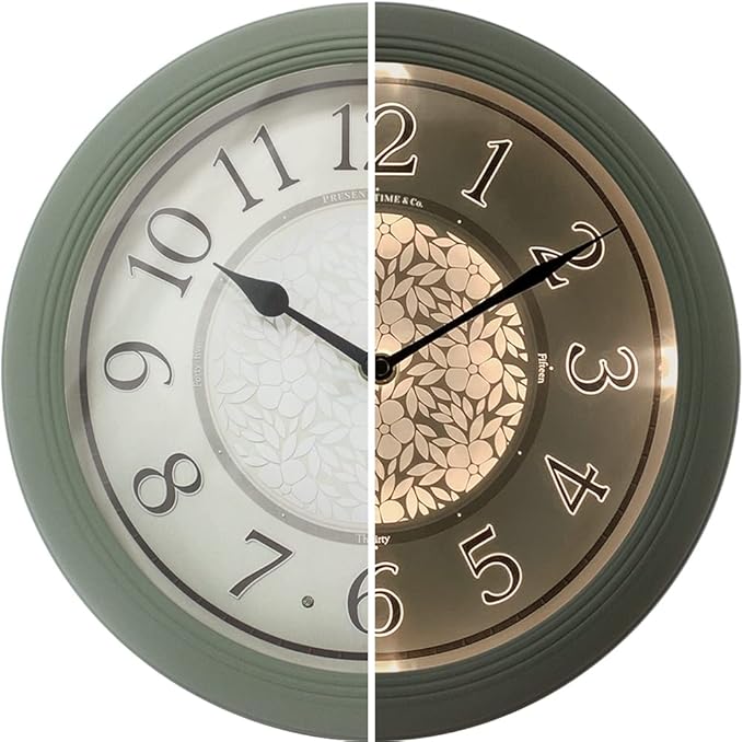 Presentime & Co. 12.6" Illuminated Farmhouse Wall Clock, Silent Battery Operated Night Light Wall Clock with Smart LED Sensor for Living Room, Bathroom, Kitchen, Home Office, Sage Green