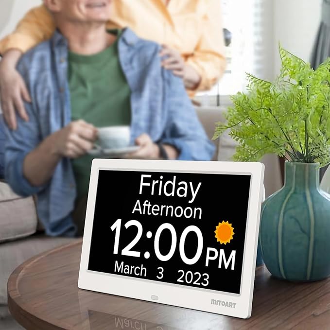 10.1 Inch Digital Alarm Clock with Date and Day of Week for Dementia Seniors, Clear Large Screen, Multiple Alarm Sets, Auto DST, Designed Specifically for Elderly - White