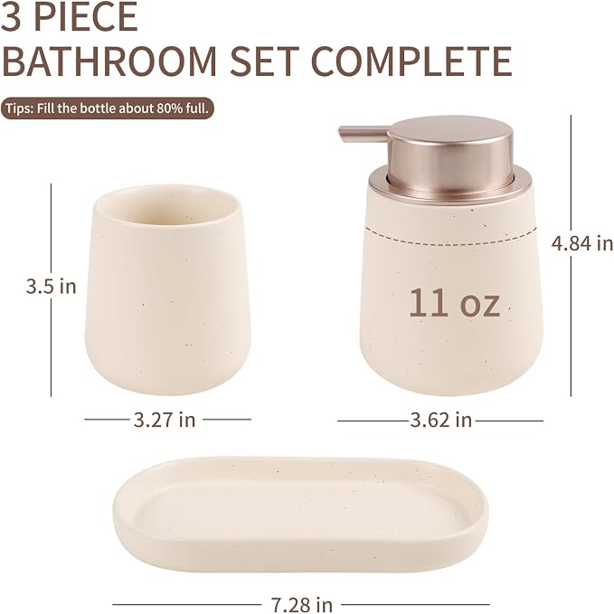 BosilunLife Ceramic Bathroom Accessories Set 3 Pcs, Liquid Soap Dispenser and Toothbrush Holder with Tray, Modern Farmhouse Vanity Decor, Apricot Housewarming Gift