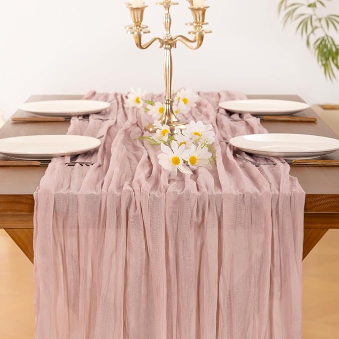 Socomi 15pcs Pink Cheesecloth Table Runner Valentine's Day Boho Rustic Gauze Dusty Pink Farmhouse 120 inch 10FT Cheese Cloth Runner for Wedding Party Baby Shower Birthday Home Decor Holiday