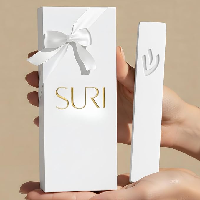 SURI Mezuzah for Door – 7 Inch White Concrete Mezuzah Case with Non Kosher Scroll, Self-Stick Jewish Entry Design, Fits a 6 Inch Scroll, Gift Box Included