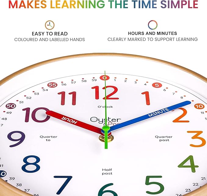Oyster&Pop Kids Learning Wall Clock - Silent Non-Ticking Analog 10 Inch Teaching Clock for Classrooms & Bedrooms - Makes Telling Time Easy for Kids