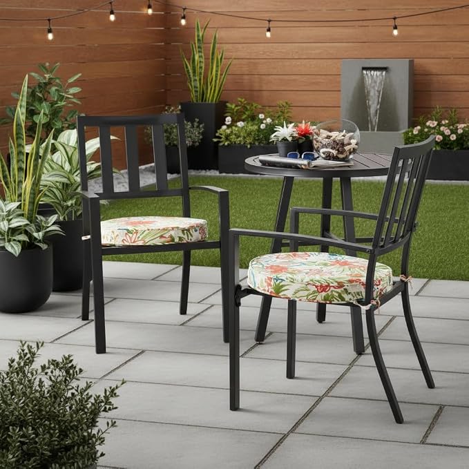 Set of 2 Outdoor 18 inch Round Patio Dining Chair Pads – Comfortable Fiber-Filled Seat Cushions with Ties, Reversible Polyester Fabric, Breeze Floral