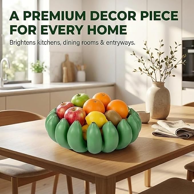 12 inch large Banana fruit bowl holder Handcrafted Art Centerpiece - Modern bowl for Kitchen,Dining Table & Entryway - Home Decor - Premium gifts - Sculptural Home Decor. (Green)