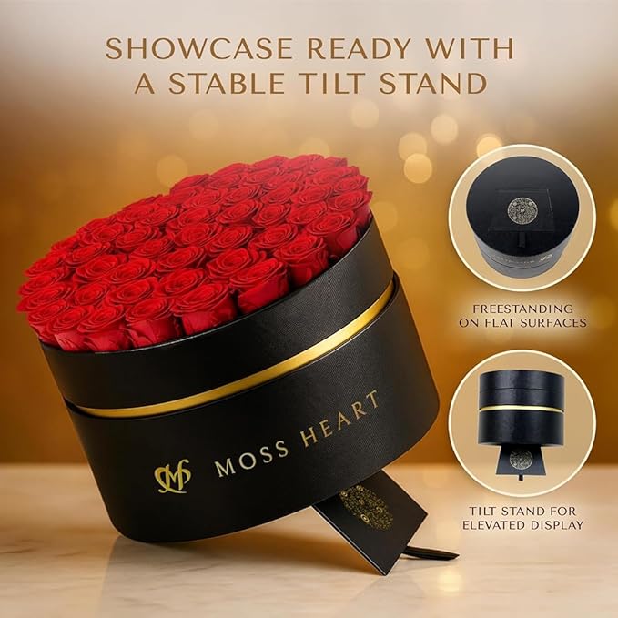 50 Petite Preserved Roses, Designer Round Box, Real Forever Roses Last 1+ Year, Premium Gift for Women, Wife, Girlfriend, Mother’s Day, Birthday, Anniversary, Valentine’s Day
