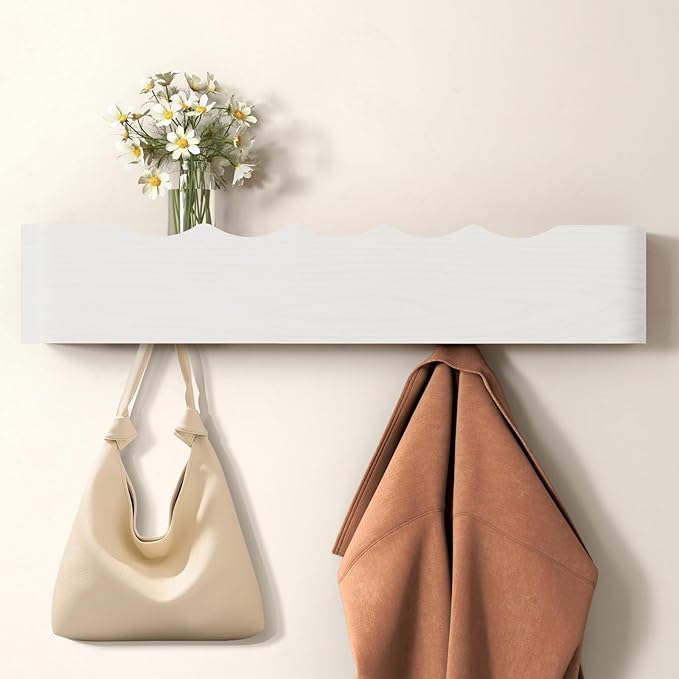 Wall Mounted Coat Rack with Shelf, Wooden Entryway Organizer with Hidden Metal Hooks for Hanging Coats Bags Keys, Modern Floating Shelf for Hallway Bathroom