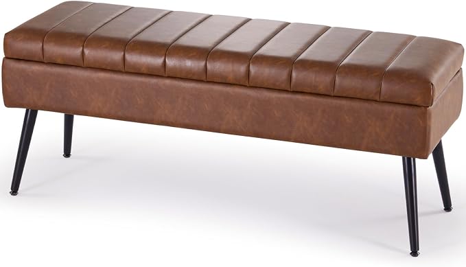 Storage Ottoman Bench Bed, 43.5" Faux Leather Upholstered Entryway Bench, Long Ottoman with Storage for Living Room, Support 660lbs - Retro Brown