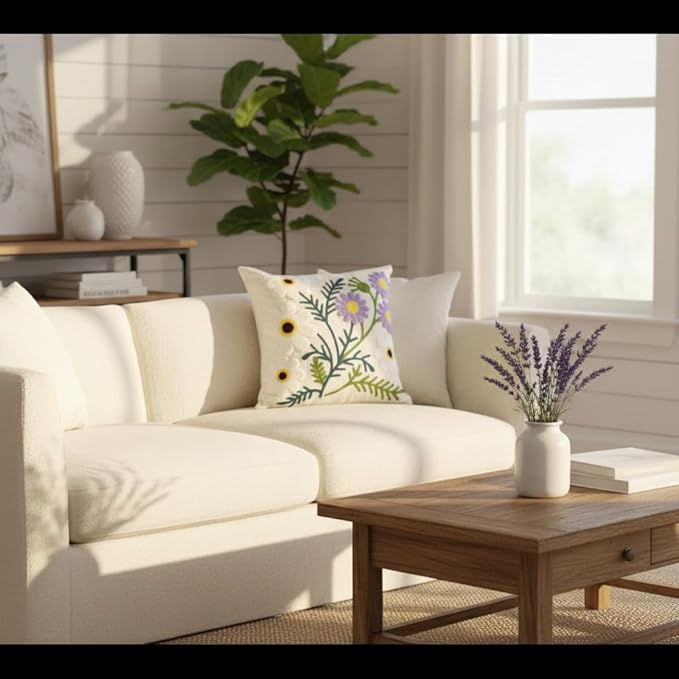Spring Floral Pillow Covers 18x18 Inch Set of 2 Cotton Embroidery Farmhouse Throw Pillow Cover Outdoor Garden Cushion Case Summer Decorations for Home (Purple and White Flower,18"x18")