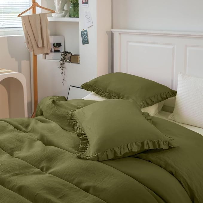 Simple&Opulence 100% Linen Duvet Cover Set, 3 PCS Natural French Flax Ruffle Duvet Cover Queen Size, Breathable Comfy Linen Bedding Comforter Cover with 2 Pillowcases (Olive Green, 88" X 92")