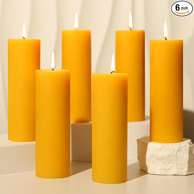Beeswax Pillar Candles,6 Pack Yellow Pillar Candle,60 Hours Each, 2x6 Inch | Beeswax,Cotton Wick,Organic,Natural,Non-toxic,Unscented,for Home Decor,Fireplace,Emergency,Vigil,Dining,Wedding,Prayer