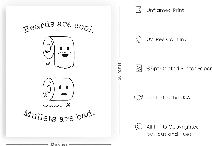 HAUS AND HUES Funny Bathroom Decor & Prints, Wall Decor with Signs, Bathroom Humor Beard/Mullet (Unframed 16x20)