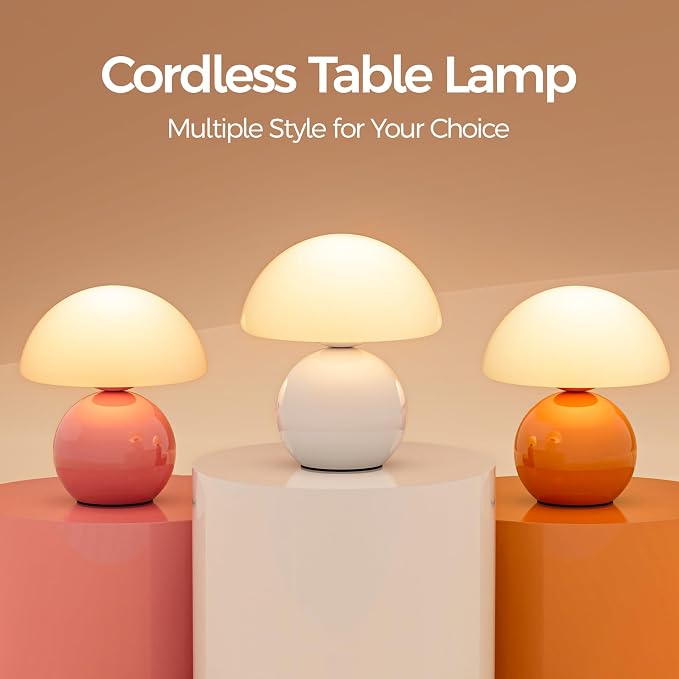 NIORSUN Wireless Mushroom Lamp Set of 2,Table Lamp for Bedroom, Portables Cordless Lamps,Wireless Light,Bedside Table Lamp for Living Room,Mini Mushroom 5200mAh Battery Operated Lamps Modern (White)