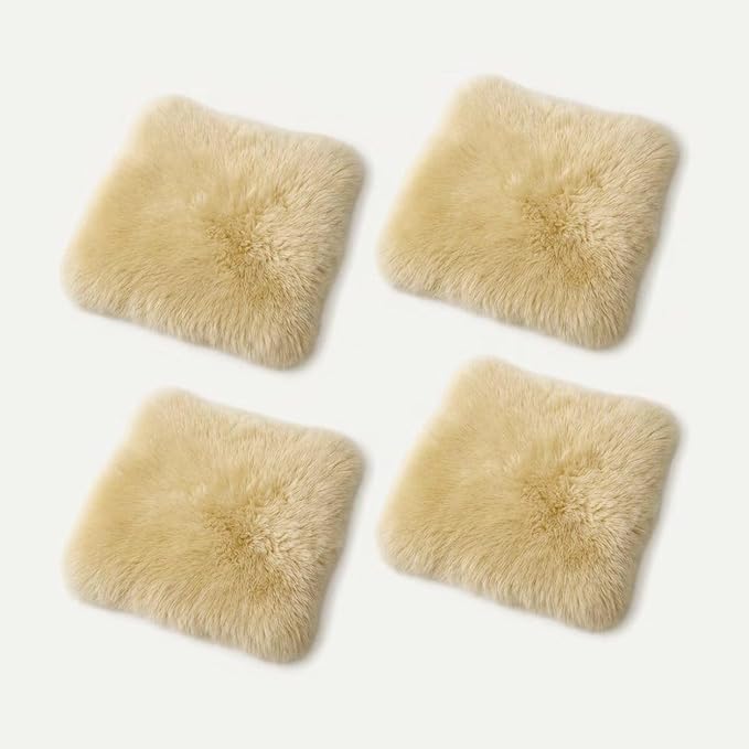 Sheepskin Chair Cushion Non-Slip Back Square Genuine Fur Chair Cover Silky Natural Wool Seat Cushion Pad Soft Area Rugs Carpet for Home Office Restaurant Chair 18x18 Inch (Khaki, Pack of 4)