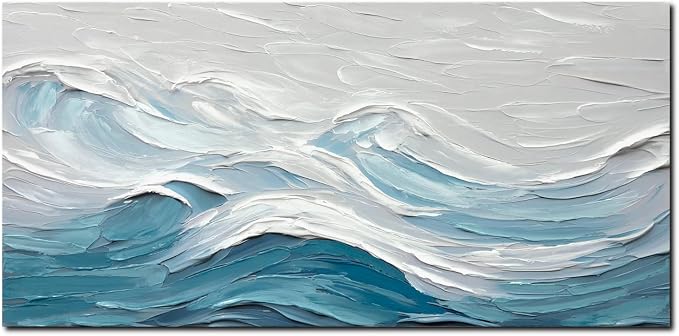 TRAIN2 ART Abstract Wall Art for Living Room Blue and White Ocean Paintings Wall Decor Modern 3D Textured Canvas Wall Art Large Artwork for Living Room Bedroom Office 24"x48"