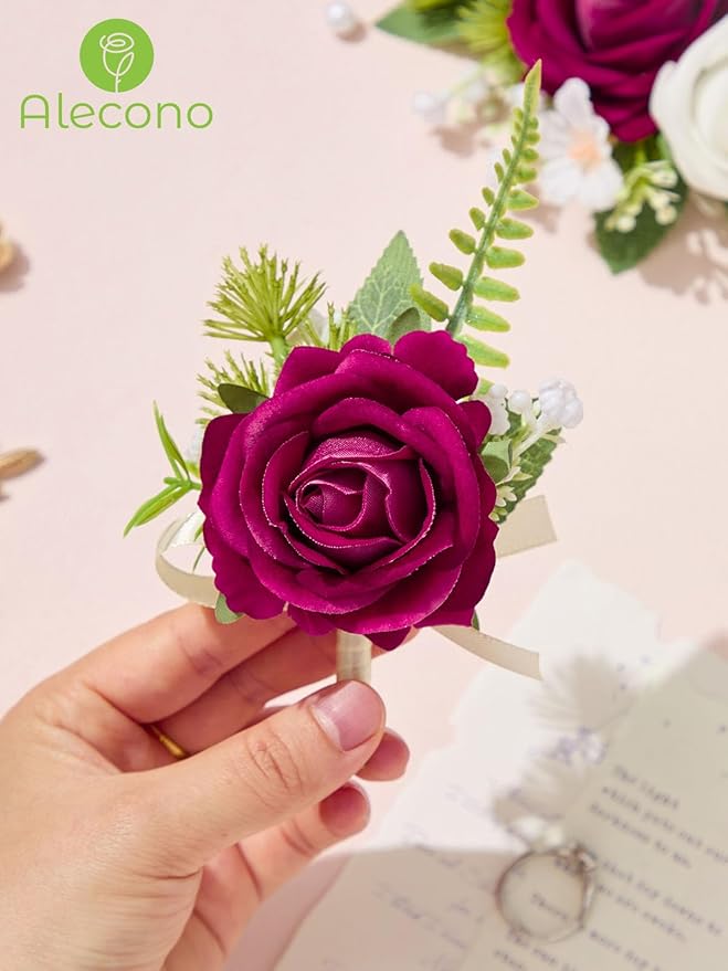 Alecono Fuchsia Corsage and Boutonniere Set, Hot Pink Corsage Wristlet for Bridesmaids, Boutonniere for Groom Groomsmen, Prom Wedding Accessories Suit Decorations