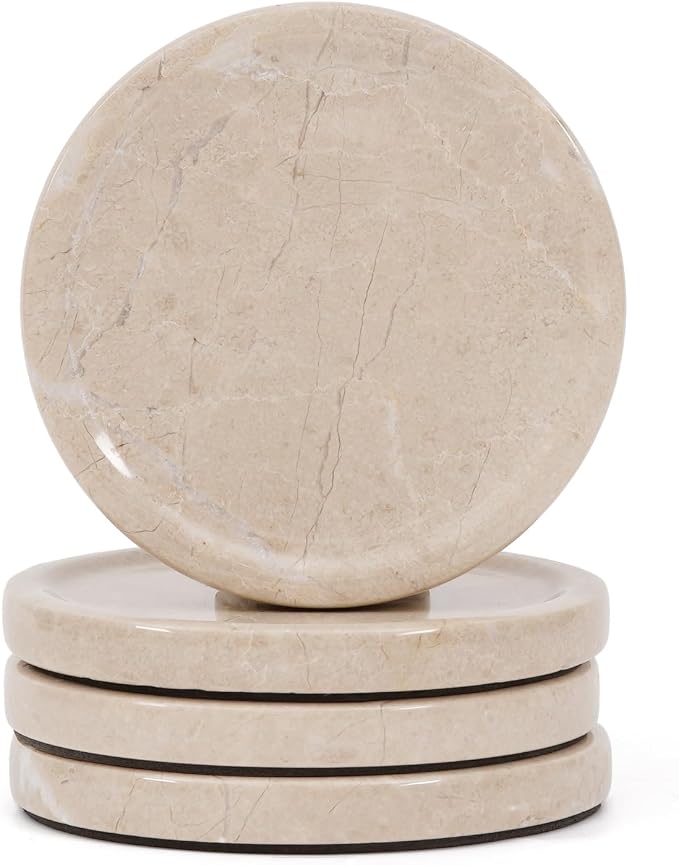 Marble Coasters Set of 4 Beige 4 Inches Round Coaster Set Natural Stone Drink Coasters, Coaster for Drinks, Coffee Table, Kitchen, Bar Décor
