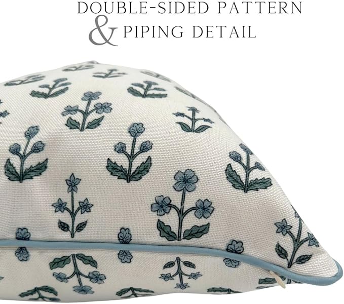 Jillien Harbor "The Beau” Floral Block Print Pillow Cover – Blue Decorative Throw Pillow Cover with White Background – Grandmillennial Home Decor, 20" x 20"