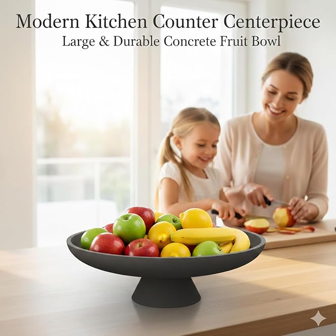 12 Inch Concrete Pedestal Catch All Fruit Key Decorative Bowl Black | Heavy duty concrete pedestal fruit key bowl with cork base, decor for kitchen counter, entryway & coffee table storage