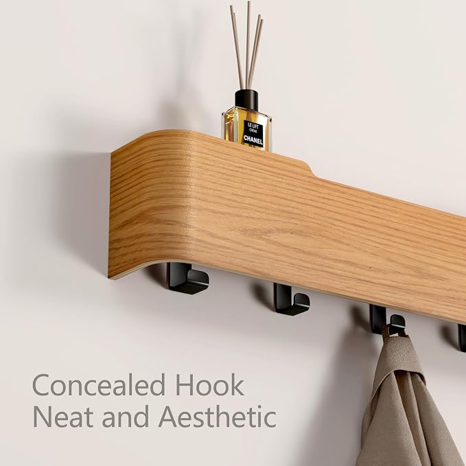 Wall Mounted Coat Rack with Shelf, Wooden Entryway Organizer with Hidden Metal Hooks for Hanging Coats Bags Keys, Modern Floating Shelf for Hallway Bathroom