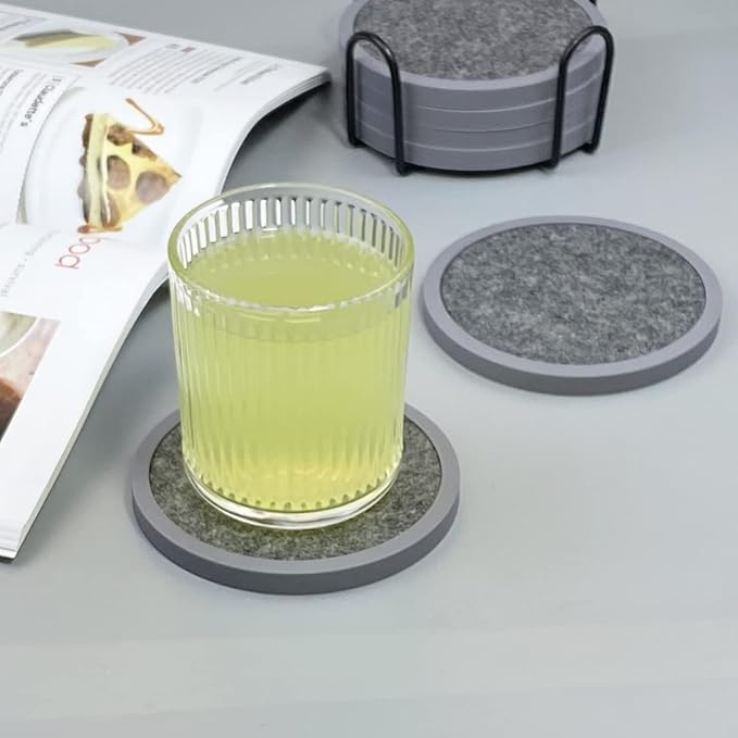 Absorbent Coasters for Drinks with Holder - 6packs, Silicone Coaster with Soft Felt Insert (4.3 inch Coasters with 4.5 inch Holder, Heathered Dark Gray)