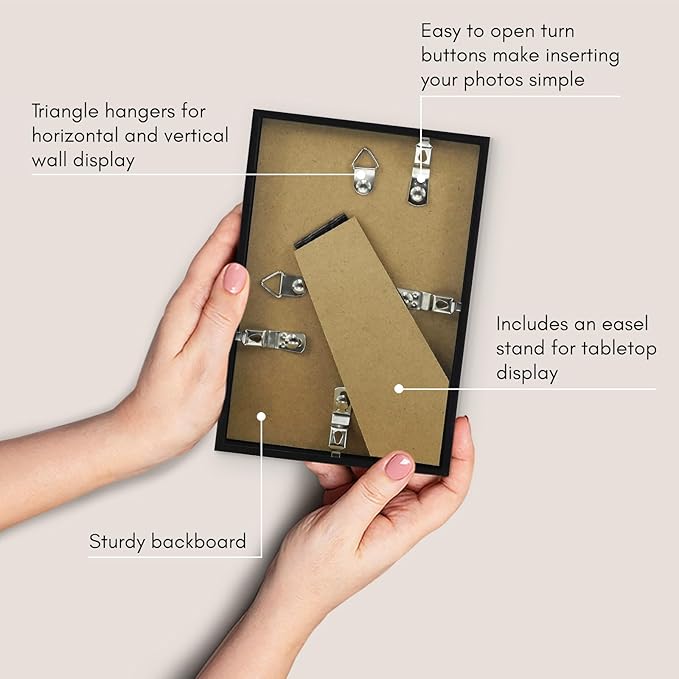 Americanflat 4x6 Picture Frame with Shatter-Resistant Glass - Streamline Collection - Thin Border Photo Frame for Tabletop and Wall Display - Hanging Hardware and Easel Stand Included - Black