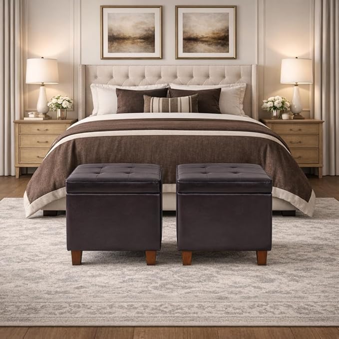 HomePop Leatherette Tufted Square Storage Ottoman with Hinged Lid, Brown Small
