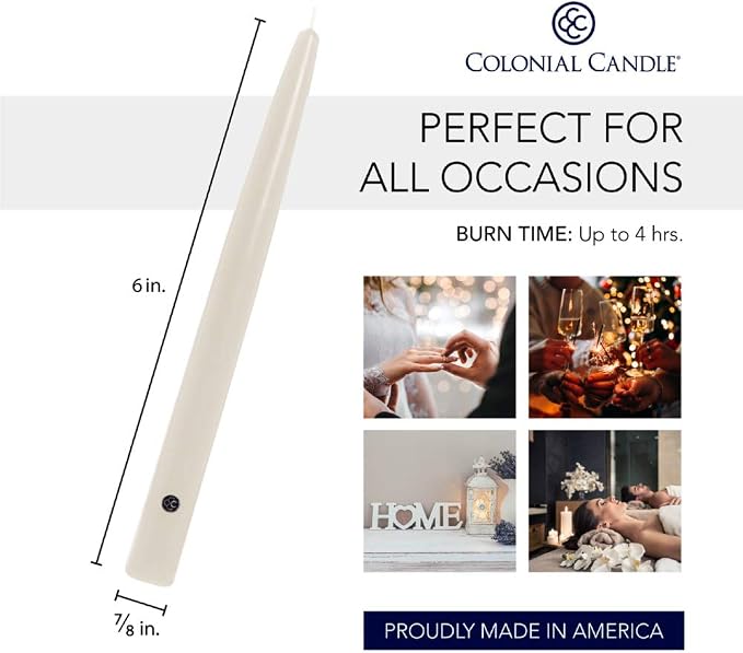 Colonial Candle Unscented Taper Candle, Handipt Collection, Ivory, 6 in, Pack of 12 - Up to 4 Hours Burn