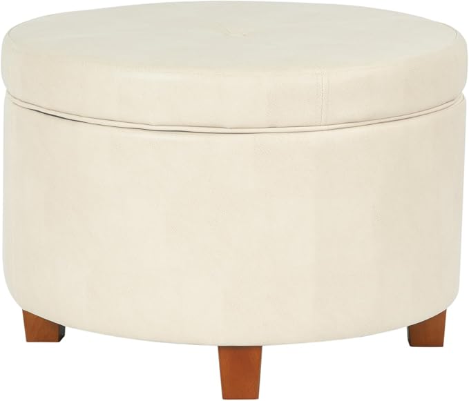 HomePop Round Leatherette Storage Ottoman with Lid, Ivory Large