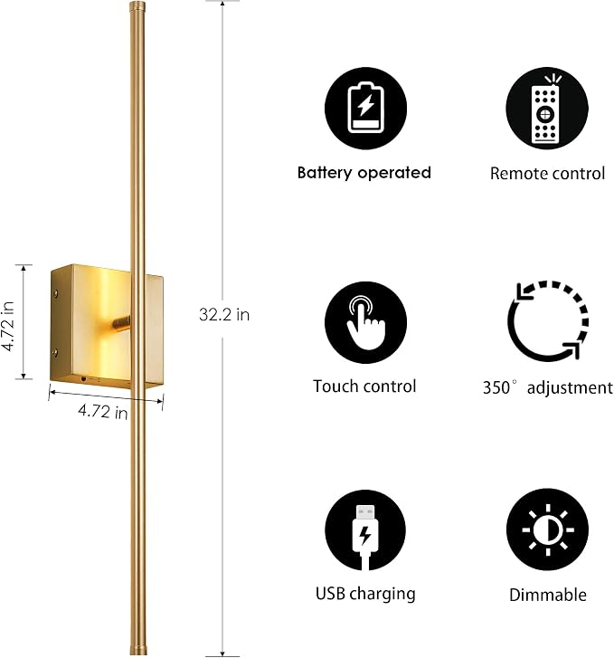 KARTOOSH 32.2 Inch Wall Sconces Battery Operated for Living Room Gold | Rechargeable Wireless Wall Lamp Set of 2, 3000K Warm White Dimmable Wall Light Remote Control Indoor Lighting for Bedroom