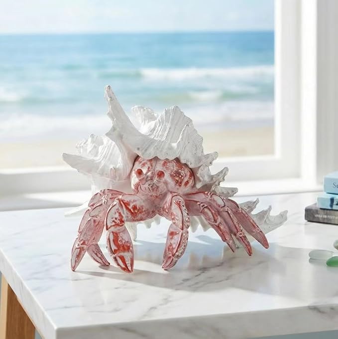 VVGIFTS Beach Coastal Decor Red Hermit Crab with Shell Figurines Decor Home Office Desk Sculpture Statue for Tabletop Shelf Bathroom Decoration Ornament Gift (Red)